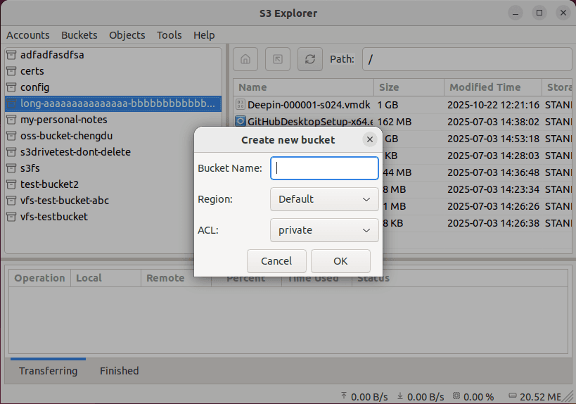 Create Bucket Dialo (Ubuntu)g